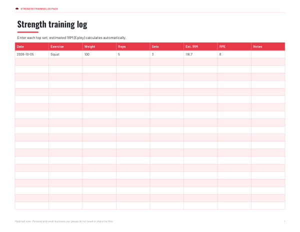 Preview of Printable Strength Training Log